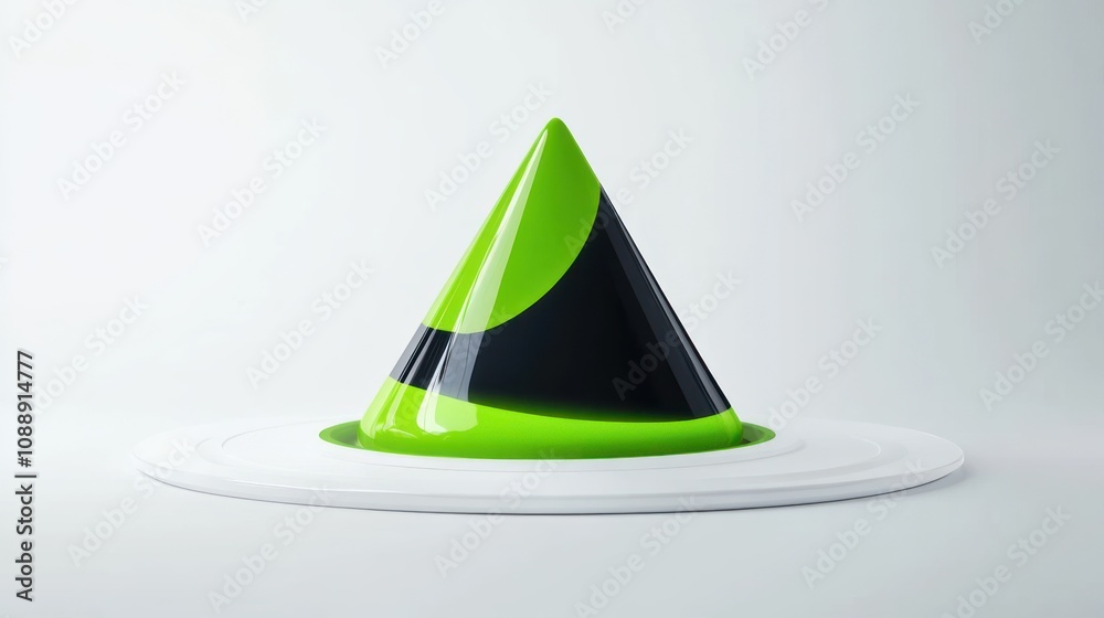 Poster a sleek, modern cone-shaped object with a glossy green and black finish on a white base.
