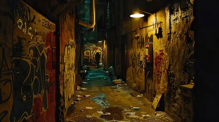 Fototapeta premium Tense night scene in a dimly lit alleyway with graffiti-covered walls and broken glass, evoking a sense of danger and mystery.