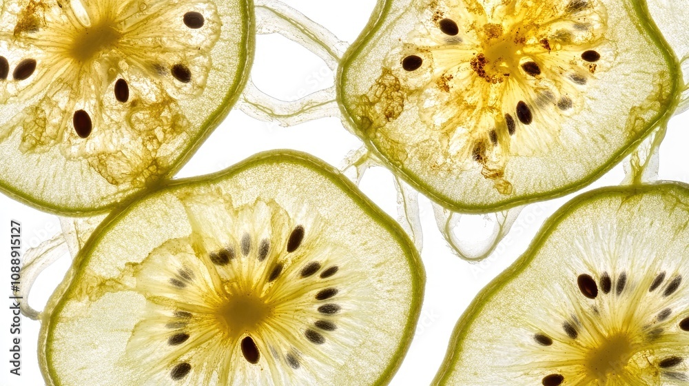 Poster translucent kiwi slices show seeds and texture