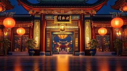 Fototapeta premium Majestic temple entrance illuminated by lanterns china architectural photography nighttime cultural significance