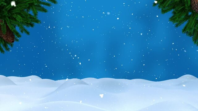 Christmas Snowfall Scene with Pine Branches and Snow-Covered Landscape