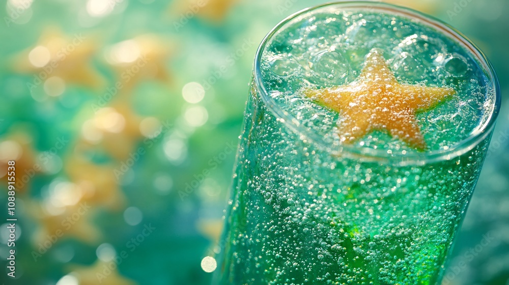 Poster 45-degree topview isolated on background a unique star fruit soda with pale green juice layering und