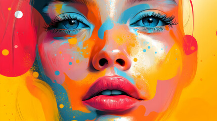 Artistic Portrait of Woman with Colorful Splashes and Expressive Eyes on Abstract Background