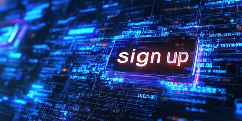 3D glowing "sign up" button on a digital interface background