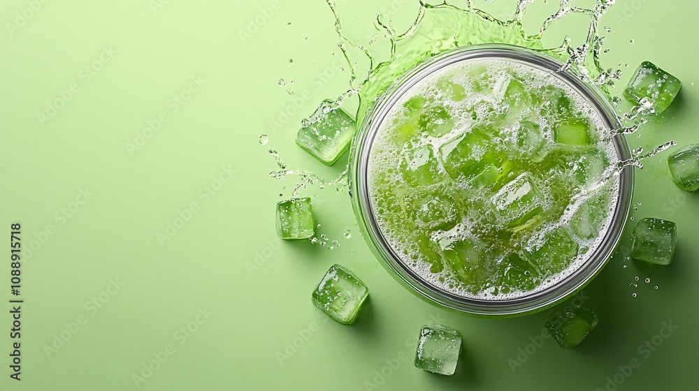 Fototapete 45-degree topview Isolated on background a refreshing aloe vera soda with translucent aloe juice layered under sparkling soda topped with aloe cubes splashing gently on a light green background with