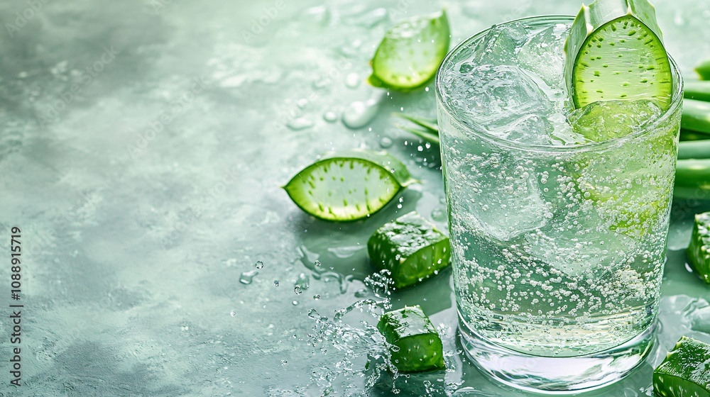 Aufkleber 45-degree topview isolated on background a refreshing aloe vera soda with translucent aloe juice lay