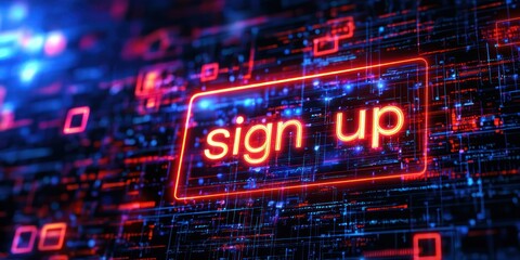 3D glowing "sign up" button on a digital interface background