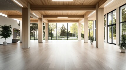Fototapeta premium Spacious modern interior with large windows, wooden flooring, and ceiling, featuring potted plants and outdoor garden view during daytime.