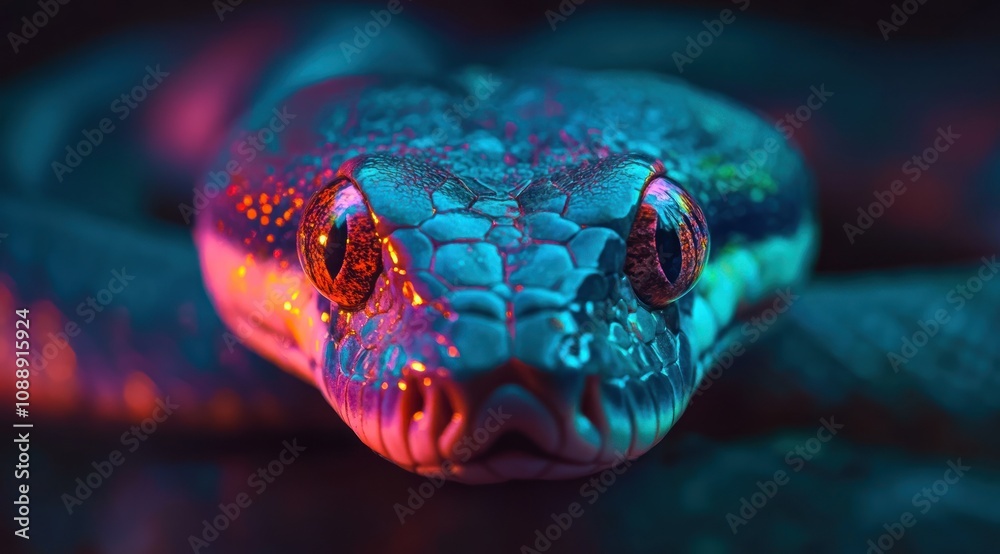Poster a close-up of a colorful snake with vibrant lighting effects.