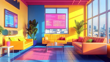 Vibrant and Colorful Interior Design Living Room with a Retro Futuristic Style, featuring Large Windows and City Views.