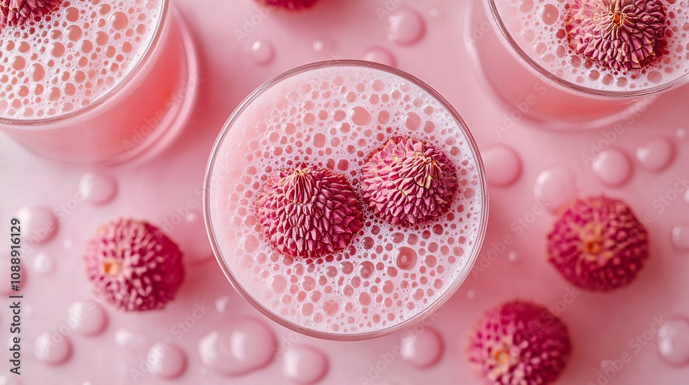 Poster 45-degree topview isolated on background a creamy lychee soda with pale pink juice layered beneath f