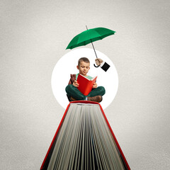 A boy reads a book while sitting on a big book. Art collage.