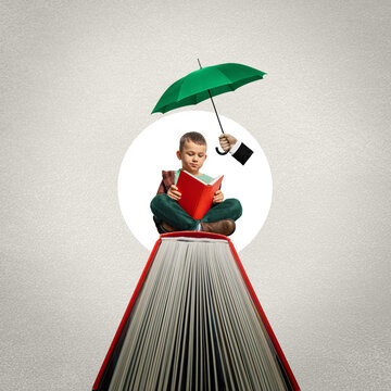 A boy reads a book while sitting on a big book. Art collage.