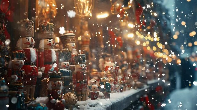 Explore a vibrant winter market adorned with colorful nutcracker figurines under a sparkling snowfall. The enchanting atmosphere is enhanced by twinkling lights and holiday spirit.