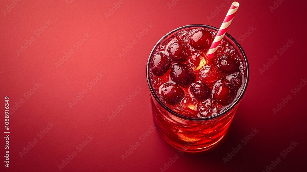 Fototapete 45-degree topview Isolated on background a bold cherry soda with rich red juice layering beneath fizzy soda topped with cherries creating a lively splash on a matching red background with side empty