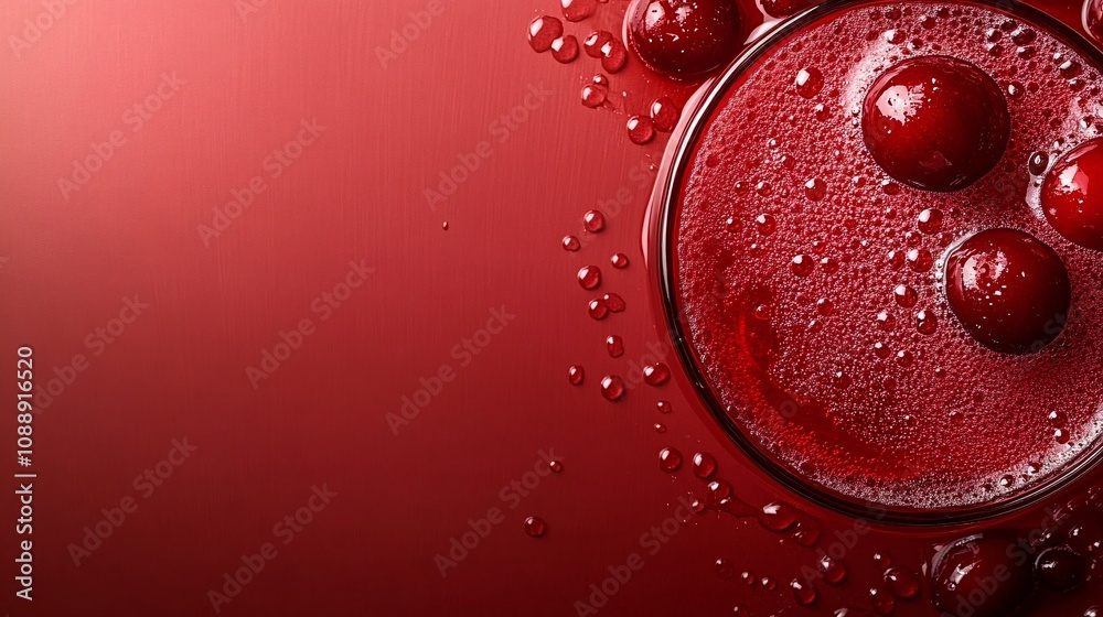 Poster 45-degree topview Isolated on background a bold cherry soda with rich red juice layering beneath fizzy soda topped with cherries creating a lively splash on a matching red background with side empty