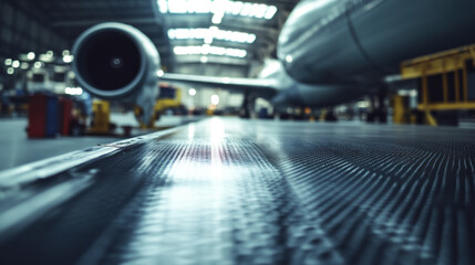 close up view of aircraft maintenance area, showcasing advanced composite materials and airplane in background, highlighting industrial environment