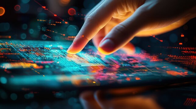 A close-up of a hand interacting with a device mock-up, highlighting a new feature or app