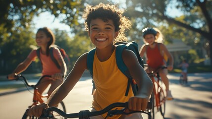 Obraz premium Children ride bikes together on a sunny morning, showing friendship on their way to school