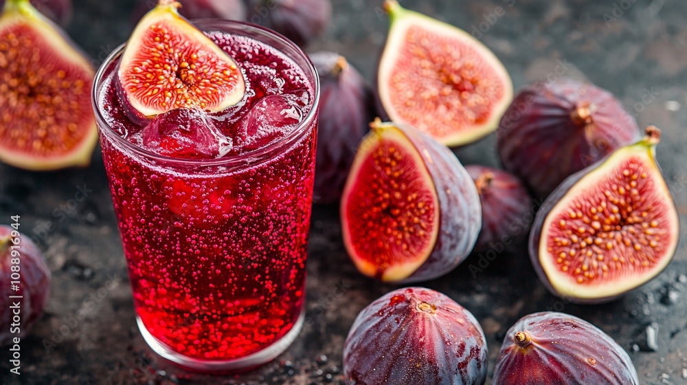 Fototapete 45-degree topview Isolated on background a rich fig soda with dark purple juice layering under fizzy soda topped with fresh figs splashing gently on a soft violet background with side empty space for