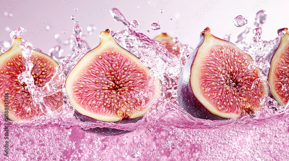 Aufkleber 45-degree topview Isolated on background a rich fig soda with dark purple juice layering under fizzy soda topped with fresh figs splashing gently on a soft violet background with side empty space for