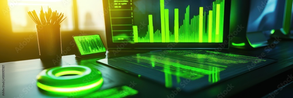 Poster A modern workspace featuring a glowing green display with data visualizations and a keyboard.