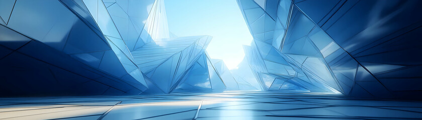 Fototapeta premium Abstract blue crystalline structure forms a futuristic interior space with bright sunlight at the end
