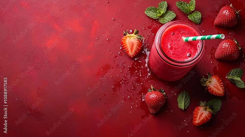 Aufkleber 45-degree topview isolated on background a vibrant strawberry smoothie in a clear glass splashing dr