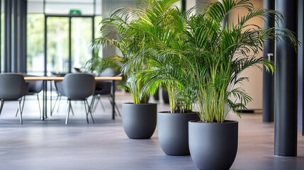 Fototapeta premium Sleek office interior featuring green plants and contemporary design, suitable for corporate and design themes.