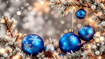 Christmas background with ornaments, pine cones, presents. Christmas background