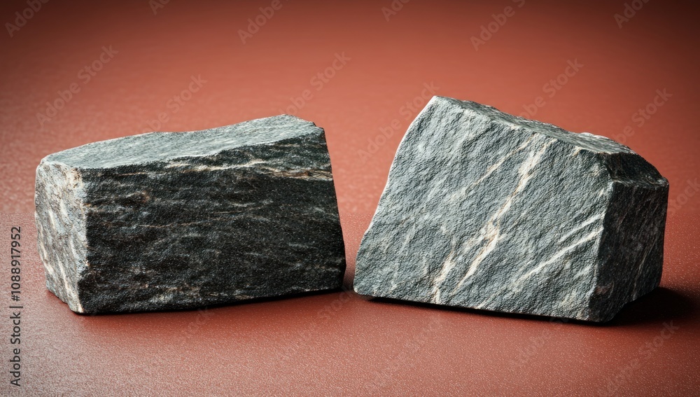 Poster Two angular, dark-colored rocks with distinct striations on a textured surface.