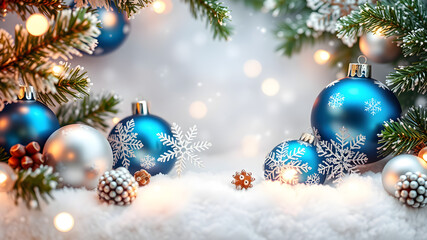 Christmas background with ornaments, pine cones, presents. Christmas background