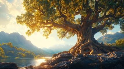 Fototapeta premium Majestic World Tree Surrounded by Mountains, an immense tree with a thick trunk and sprawling roots, bathed in golden light, reflecting nature's grandeur and timeless beauty.