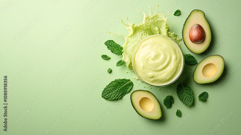 Poster 45-degree topview Isolated on background a creamy avocado smoothie splashing in a vibrant green motion with avocado slices and mint leaves on a soft green background with side empty space for text