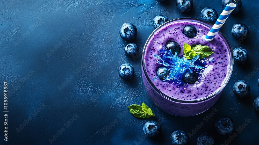 Poster 45-degree topview isolated on background a refreshing blueberry smoothie with a deep blue splash cap