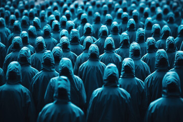 Obraz premium A crowd of uniformed individuals in blue, standing in rows, creating a symmetrical and mesmerizing pattern with a sense of unity and anonymity.