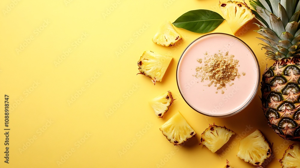 Aufkleber 45-degree topview Isolated on background a tropical pineapple smoothie with a golden splash complemented by pineapple chunks and leaves on a bright yellow background with side empty space for text