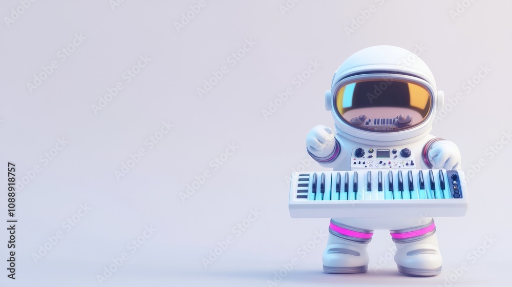 Poster A cute astronaut character playing a keyboard in a minimalist setting.