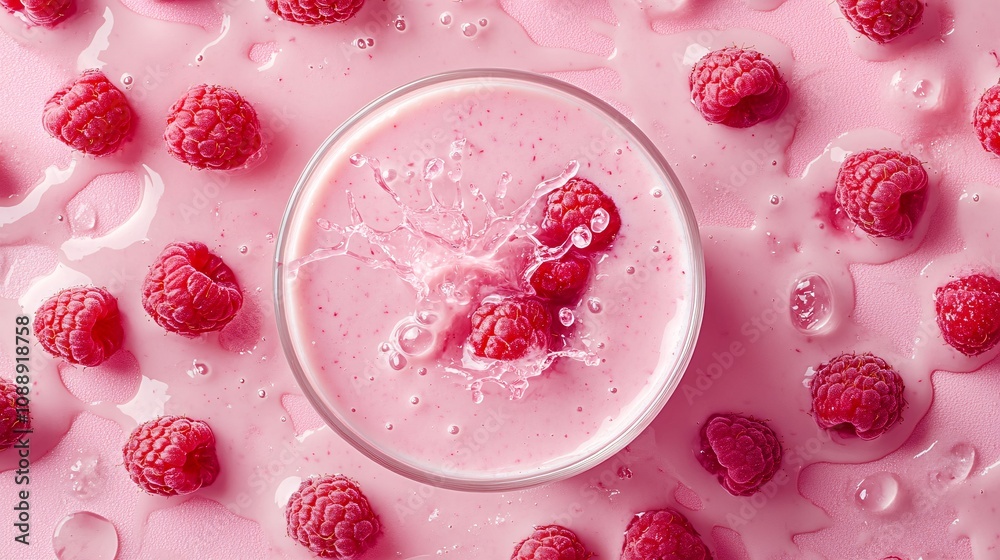 Poster 45-degree topview Isolated on background a luscious raspberry smoothie in vivid pink hues splashing elegantly surrounded by fresh raspberries on a matching pink background with side empty space for