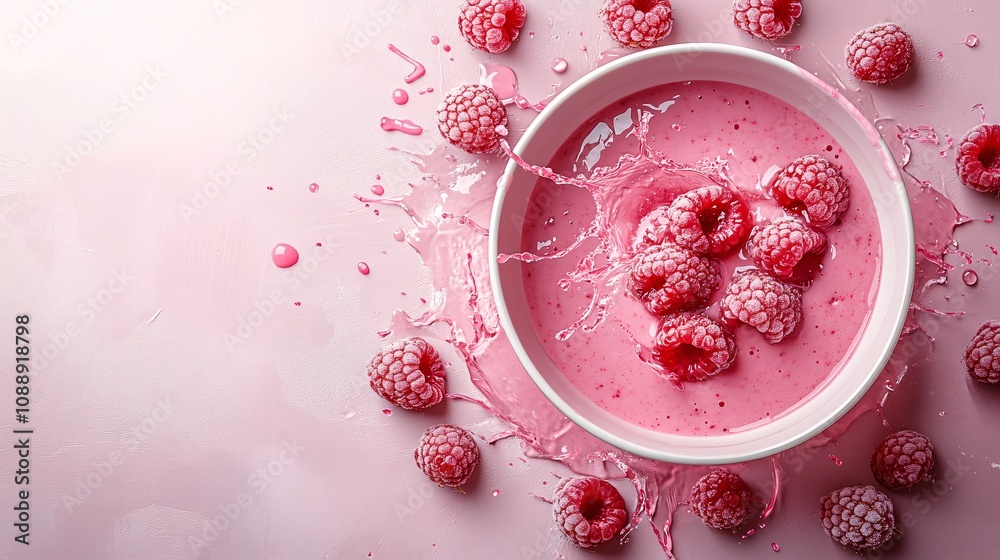 Poster 45-degree topview Isolated on background a luscious raspberry smoothie in vivid pink hues splashing elegantly surrounded by fresh raspberries on a matching pink background with side empty space for