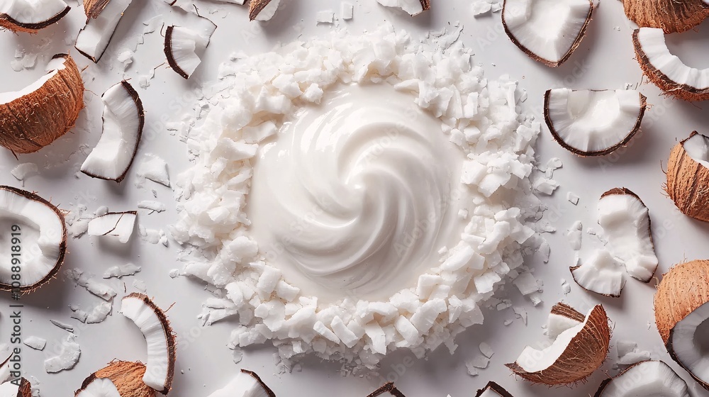 Poster 45-degree topview isolated on background a creamy coconut smoothie with a soft white splash framed b
