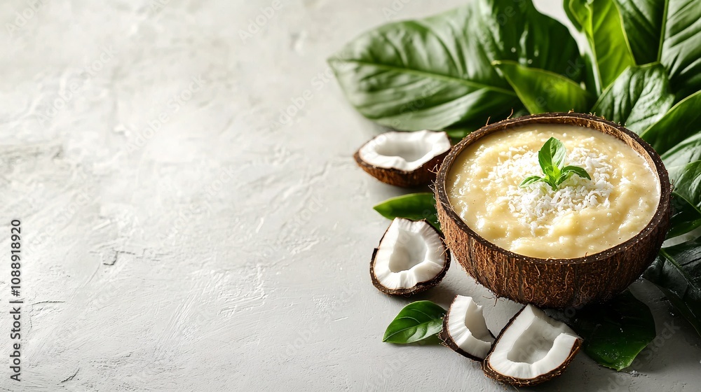 Aufkleber 45-degree topview isolated on background a creamy coconut smoothie with a soft white splash framed b