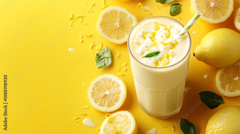 Poster 45-degree topview Isolated on background a tangy lemon smoothie splashing brightly with lemon slices and zest on a cheerful yellow background with side empty space for text Stockphoto style