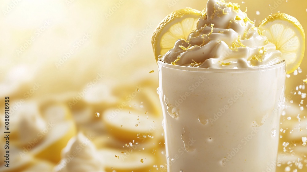 Fototapete 45-degree topview Isolated on background a tangy lemon smoothie splashing brightly with lemon slices and zest on a cheerful yellow background with side empty space for text Stockphoto style