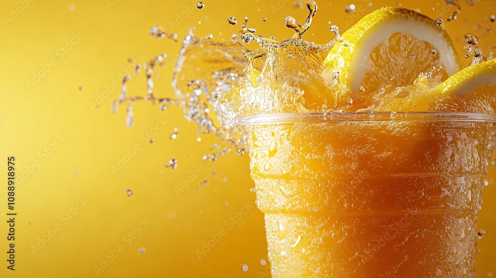 Poster 45-degree topview Isolated on background a tangy lemon smoothie splashing brightly with lemon slices and zest on a cheerful yellow background with side empty space for text Stockphoto style