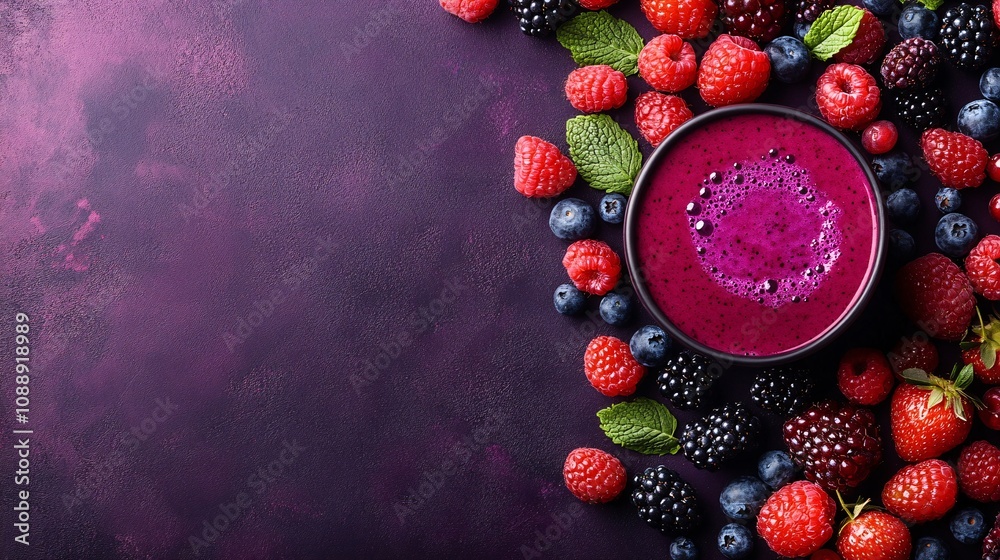 Fototapete 45-degree topview Isolated on background a mixed berry smoothie with a vibrant purple splash surrounded by an assortment of fresh berries on a deep purple background with side empty space for text