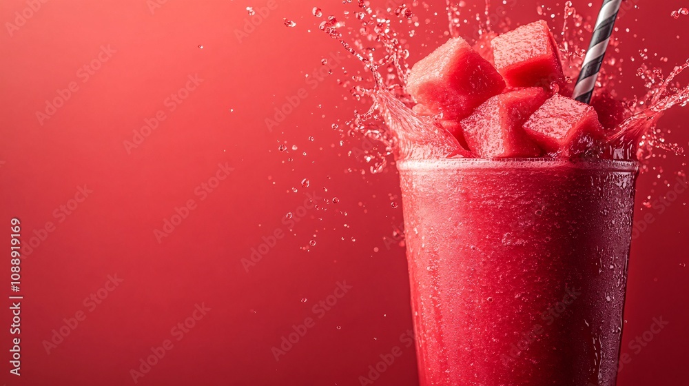 Fototapete 45-degree topview Isolated on background a cool watermelon smoothie splashing dramatically with watermelon chunks on a refreshing red background with side empty space for text Stockphoto style