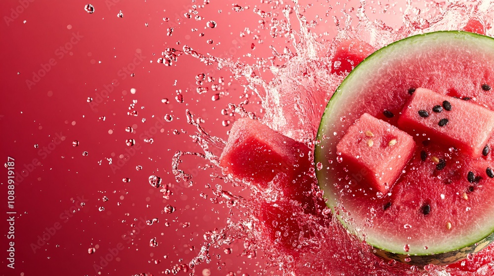 Aufkleber 45-degree topview Isolated on background a cool watermelon smoothie splashing dramatically with watermelon chunks on a refreshing red background with side empty space for text Stockphoto style
