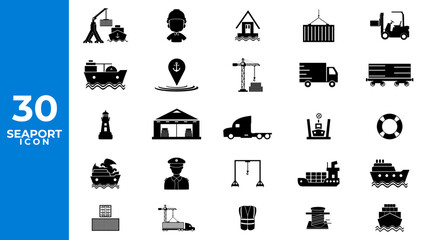 Set of 30 icons related to marine port. Seaport Linear icon collection