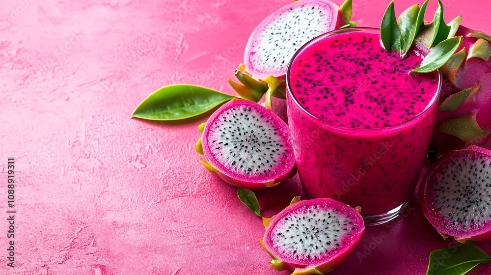 Poster 45-degree topview isolated on background a tropical dragon fruit smoothie with a vivid magenta splas